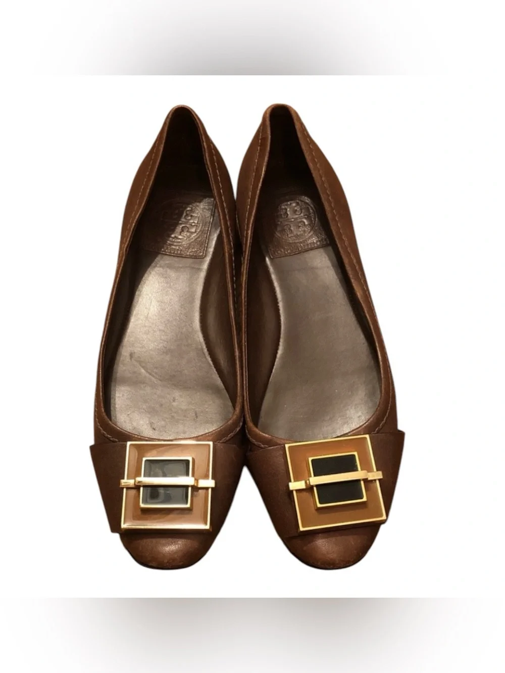 Tory Burch Brown Leather Ballet Flats with Gold Buckle Accent